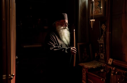 ‘God is tasteful. He likes nice things. He’s not gauche’… Tabakis in the Church of the Nativity of the Theotokos, where he serves.