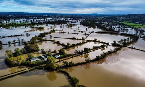 Flooded fields in Powys, Wales, in the aftermath of Storm Babet.
