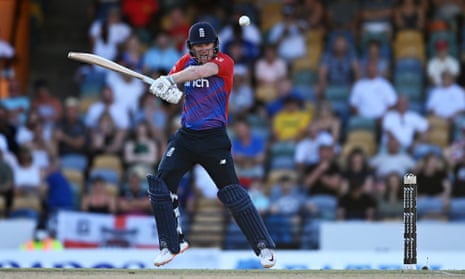 Eoin Morgan of England plays a shot during the second T20 against West Indies
