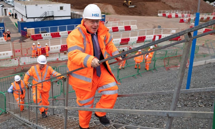 Boris Johnson visiting the Solihull Interchange construction site for the HS2 high-speed railway project, near Birmingham, today.