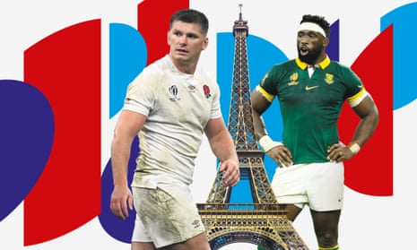 England’s Owen Farrell and South Africa's Siya Kolisi either side of the Eiffel Tower