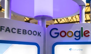 Facebook and Google logos at a digital expo