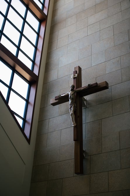 A crucifix is on display at the Saint Bartholomew Catholic Parish.