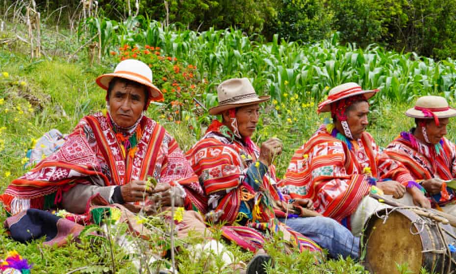 Men wearing jobona sit in a field with a crop of maize in the background
