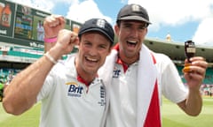 Andrew Strauss and Kevin Pietersen celebrate England’s fifth-day win in the final Ashes Test of 2010-11, sealing a 3-1 series victory