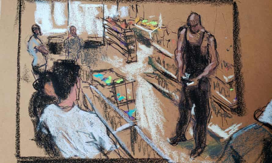 A courtroom sketch shows store surveillance video of George Floyd counting money at Cup Foods.