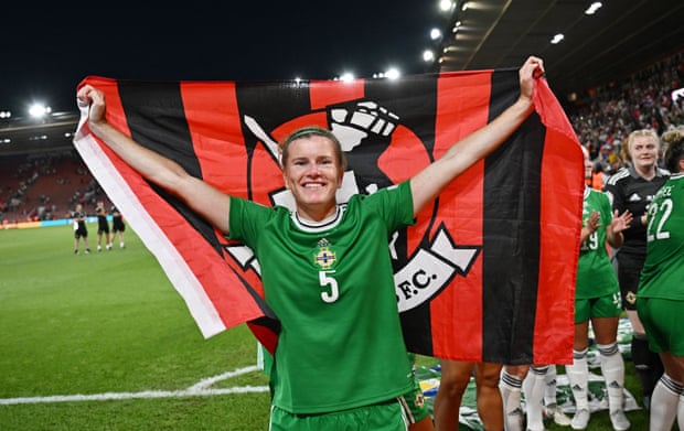 Julie Nelson celebrates after the match in which she scored Northern Ireland’s first goal at a women’s tournament