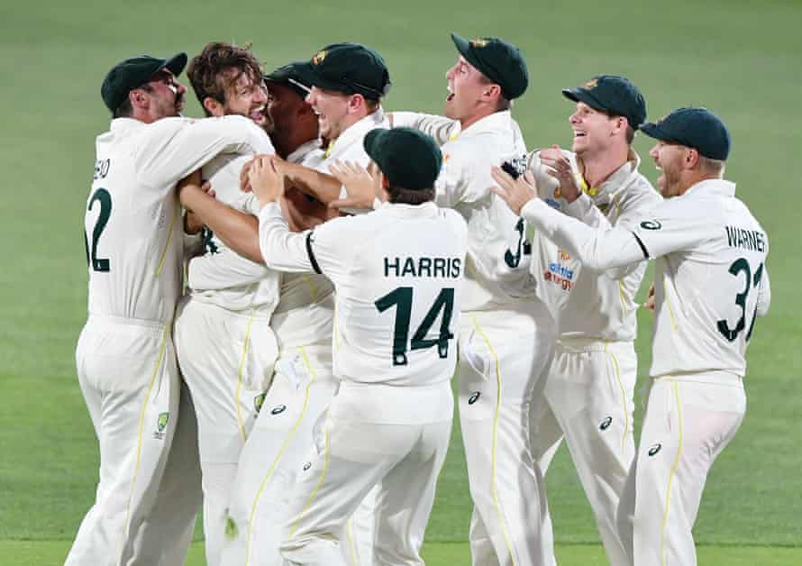 Michael Neser of Australia celebrates the wicket of Haseeb Hameed of England.