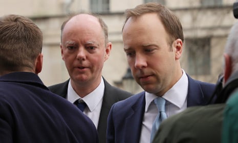 Matt Hancock and Chris Whitty arrive for a Cobra meeting at the Cabinet Office in London on 9 March 2020.