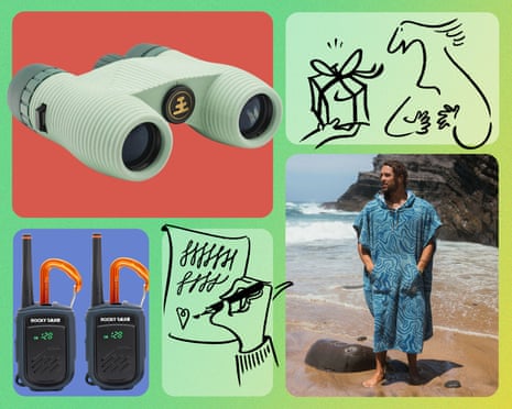 Binoculars, walkie talkies, a poncho, an outdoor stove and a cast iron skillet shown as part of a gift guide