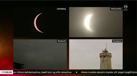 A screengrab from the Icelandic public broadcaster's stream of the solar eclipse 2026 showing the scene across Iceland