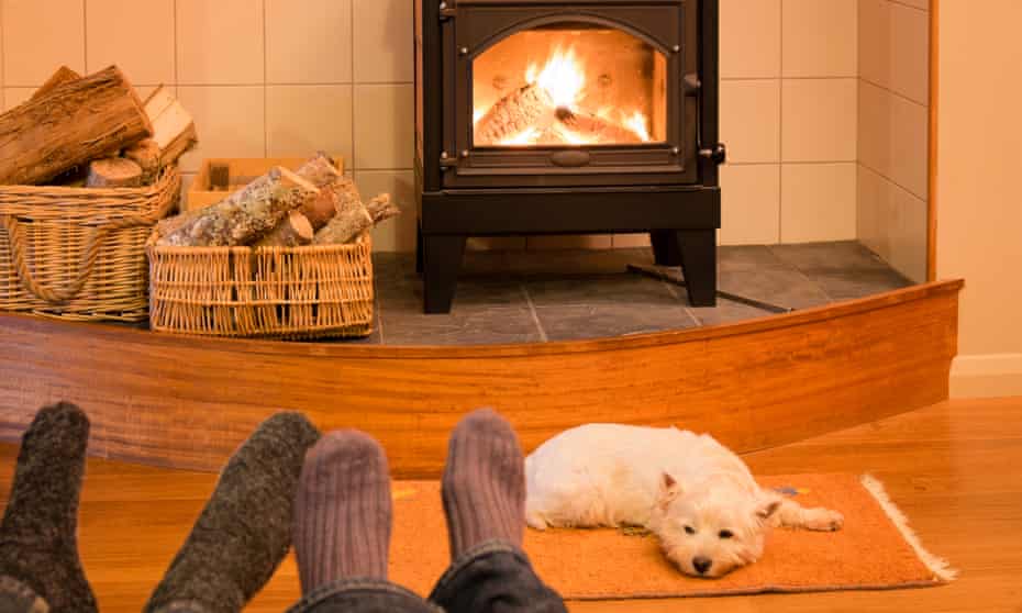 A couple relaxing by fire with a dog