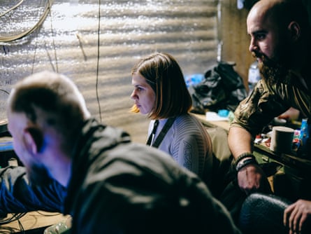 From left to right: Andrii, Iryna and Rostik, drone pilots of the Khyzak Brigade, fly a mission to Toretsk together.