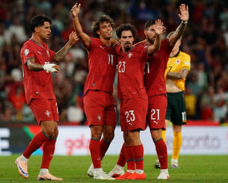Joao Felix of Portugal celebrates with teammates after scoring