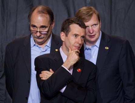 David Axelrod, David Plouffe, and Jim Messina at a campaign event for President Barack Obama in Columbus, Ohio, May 5, 2012