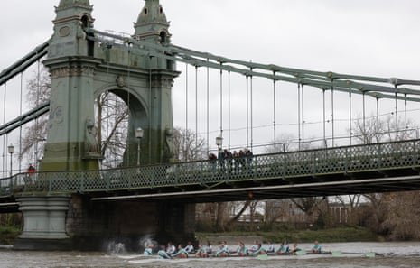 The two women's openweight boats on the rough water at Hammersmith Bridge during the Cambridge University Boat Race trials in December.