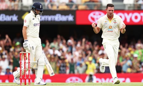 Australia's Josh Hazlewood celebrates dismissing the England captain, Joe Root