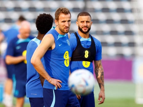 Harry Kane and Kyle Walker during England training in Al Wakrah today.