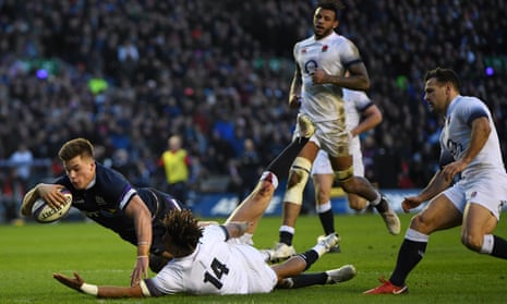 Huw Jones scores his second, and Scotland’s third, try of a rampant first half against England at Murrayfield