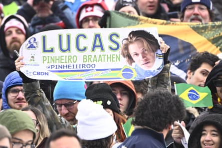 Fans with Brazilian flags urge Lucas Pinheiro Braathen to Olympic glory