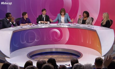 Guests on BBC’s Question Time, hosted by Fiona Bruce, third from right.