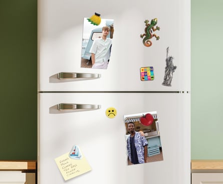 A photograph of two friends, torn down the middle, stuck to the outside of a fridge.