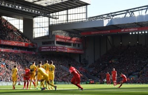 Philippe Coutinho whips in the free-kick to score the opener against Crystal Palace at Anfield.