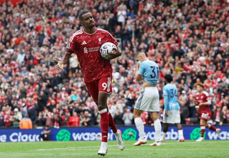 Liverpool's Alexander Isak celebrates scoring their equaliser.