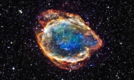 The debris field from a Type Ia supernova, one of the possible outcomes of a binary system containing a white dwarf star.