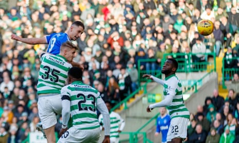 Nikola Katic beats Kristoffer Ajer in the air to give Rangers a 2-1 lead.