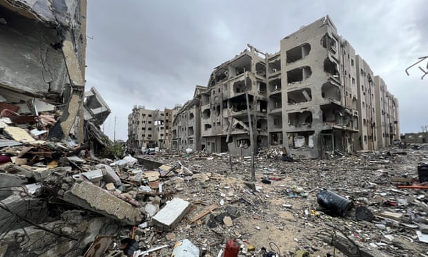 A view of Burj al-Nada and Burj al-Awda buildings destroyed due to Israeli attacks on the fourth day of the humanitarian pause between Israel and Hamas in Beit Hanoun, Gaza on November 27, 2023.