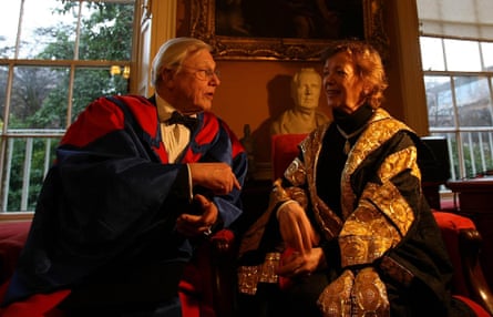 Sir David Attenborough talks with Chancellor of Trinity College, Mary Robinson, at Trinity College Dublin, where he was awarded an honorary degree in 2008