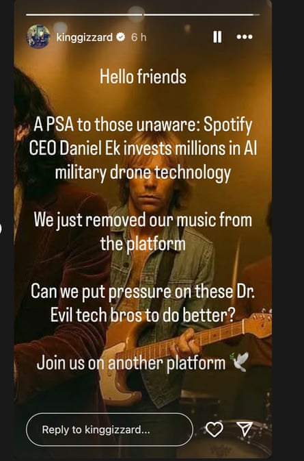 An Instagram post by King Gizzard and the Lizard Wizard announcing they are leaving Spotify.