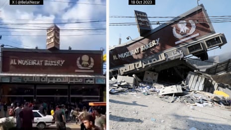 The al-Nuseirat bakery in Gaza before and after Israeli airstrikes