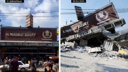 Before and after of Al Nuseirat Bakery that was destroyed in an Israeli airstrike in Nusseirat refugee camp in the Gaza Strip, Wednesday, Oct 18