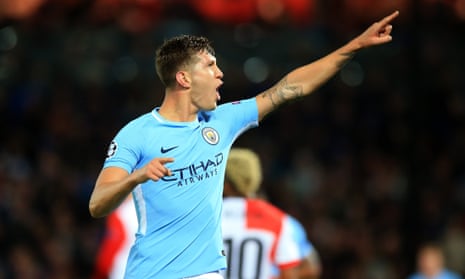 John Stones celebrates scoring his second and of Manchester City’s fourth in the thumping Champions League win at Feyenoord.