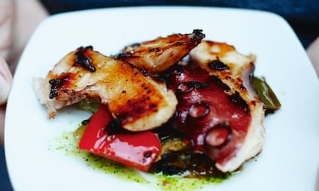 Grilled octopus with peppers and aubergine