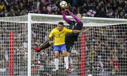 Joe Hart of England and Gabriel Jesus of Brazil