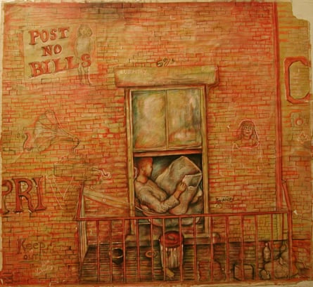 drawing of window and fire escape showing person reading a newspaper inside