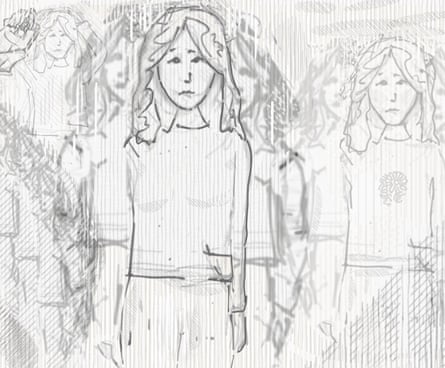 Una mujer/niña joven rodeada por una imagen descolorida de sí misma.