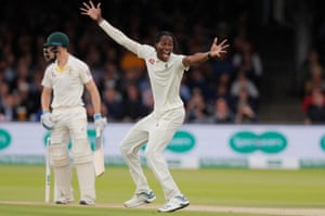 Joffrey Archer of England successfully appealed to LBW by Australian Cameron Bancroft.
