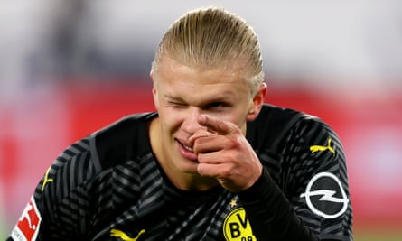 Erling Haaland of Borussia Dortmund celebrates after scoring the last goal in his side’s 3-1 win at Wolfsburg