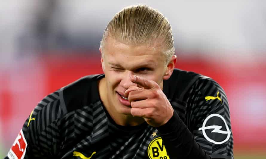 Erling Haaland of Borussia Dortmund celebrates after scoring the last goal in his side’s 3-1 win at Wolfsburg