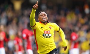 Juan Camilo Zúñiga celebrates scoring Watford's second goal in the Premier League game against Manchester United