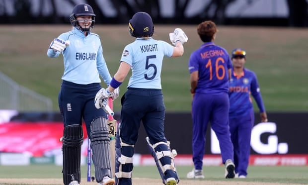 Heather Knight and Sophie Ecclestone celebrate England’s World Cup win over India
