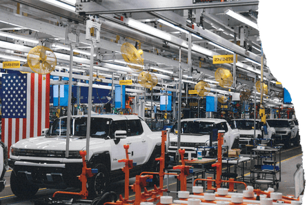 Hummer electric vehicles on a production line