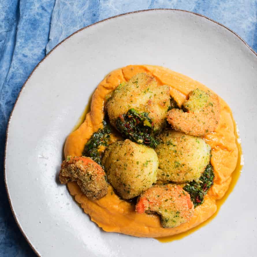Nigel Slater’s polenta-crumbed scallops with sweet potato mash.