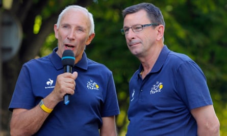 Phil Liggett, left, and Paul Sherwen in action during the 20th and final stage of the 2012 Tour de France. ‘Phil and Paul’ became the voices of the Tour de France across the English-speaking world.