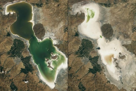 A satellite image of a wet lake and a dry lake side by side