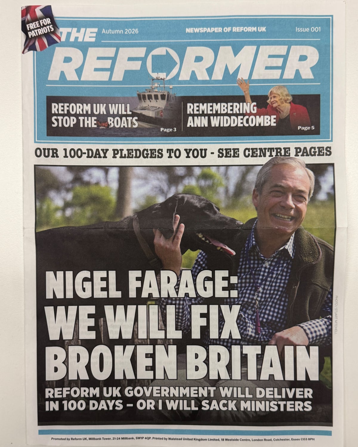 Autumn edition of the Reformer newspaper showing front page with pale blue masthead, a picture of Nigel Farage with a black labrador, and the headline: Nigel Farage: We will fix broken Britain.